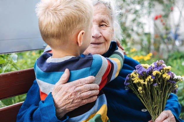 Grandson boy giving a flower to grandma grandson and grandmother spending time together granny with grandsons enjoying time together outdoor